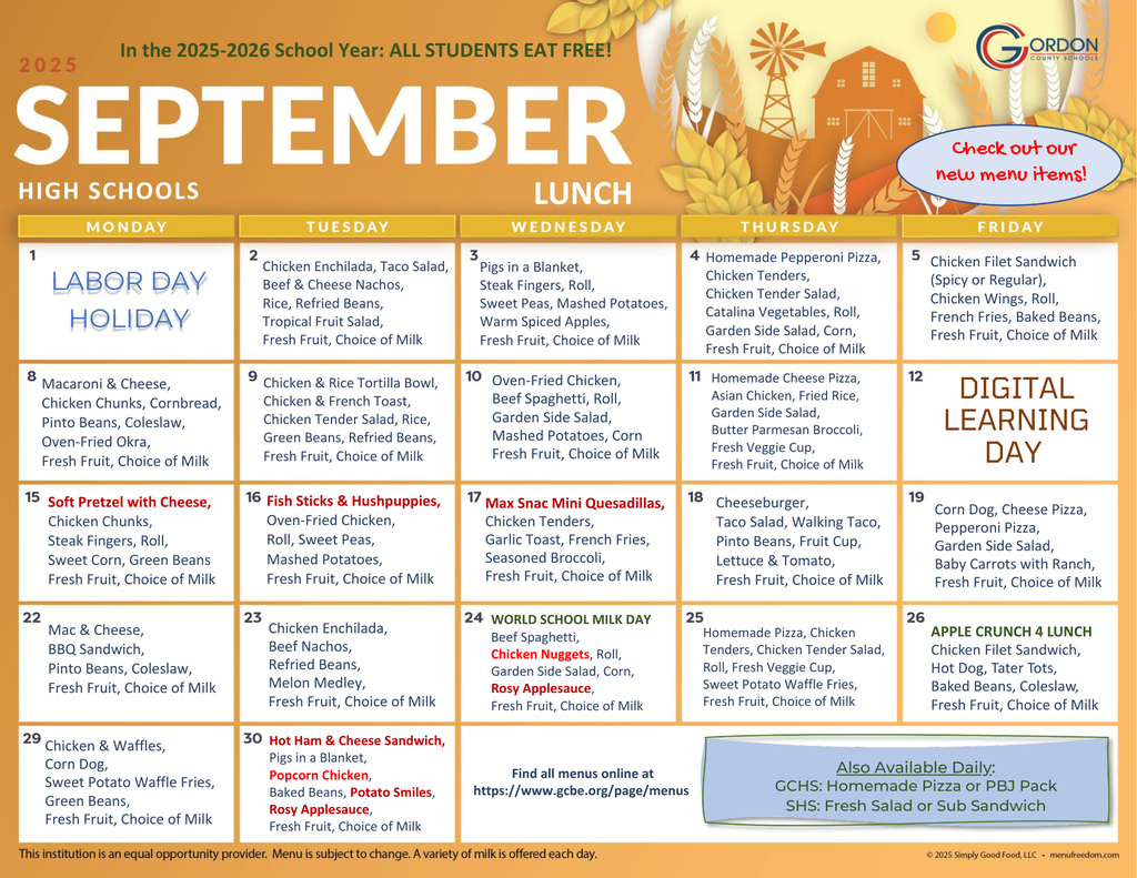 High school lunch menus for September