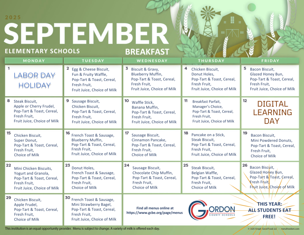 Elementary school breakfast menus for September