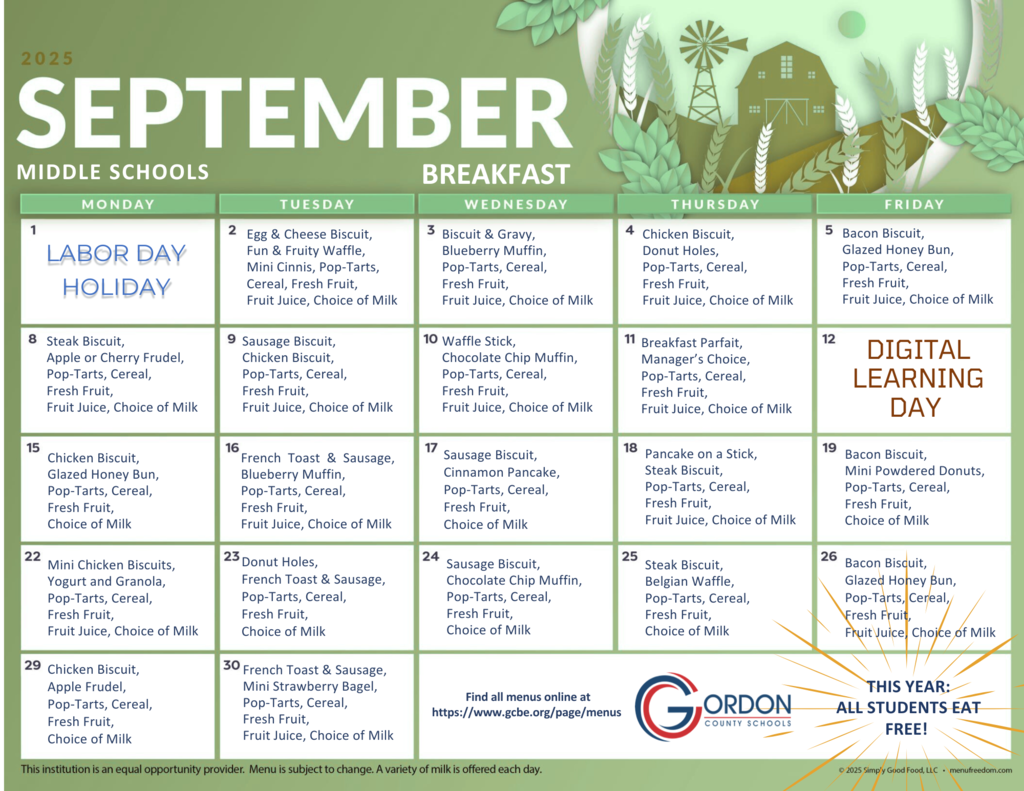 Middle school breakfast menus for September