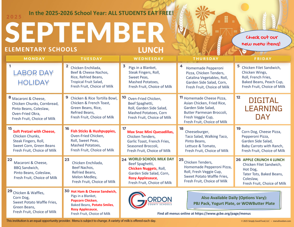 Elementary school lunch menus for September