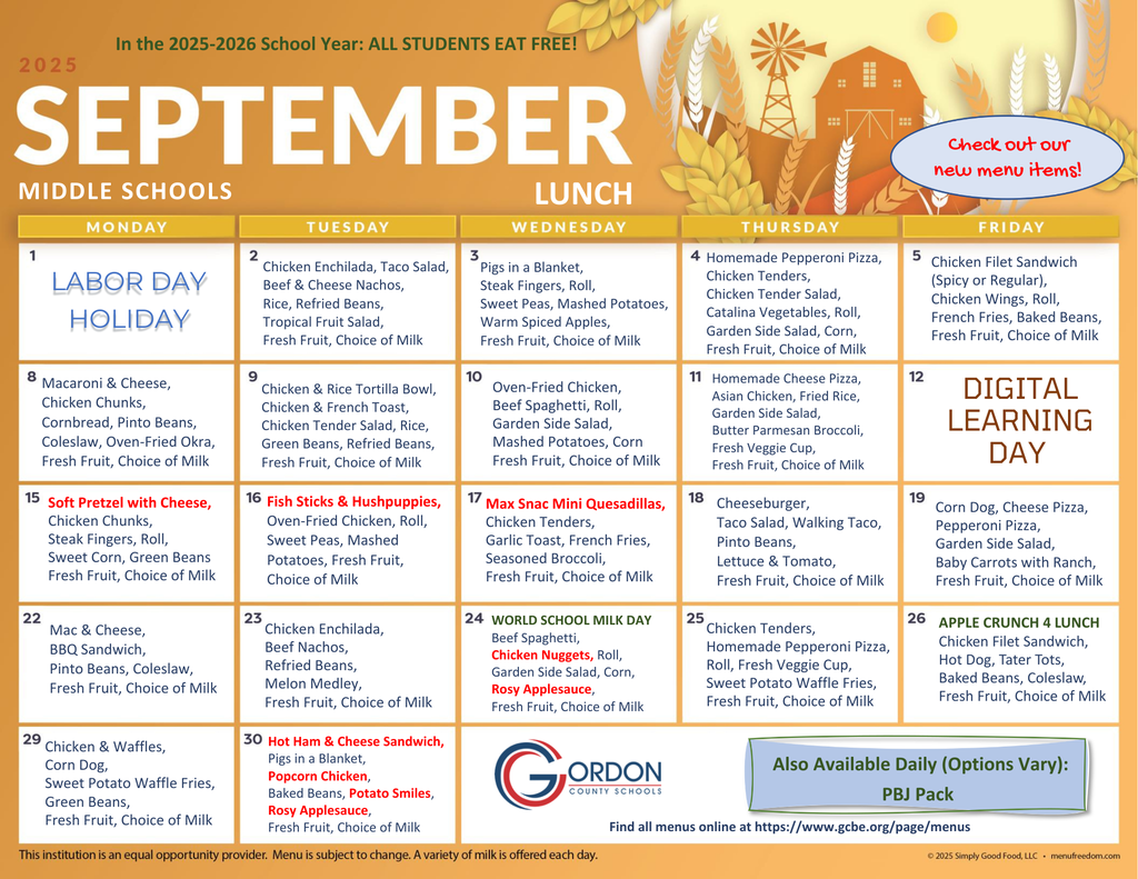 Middle school menus for September