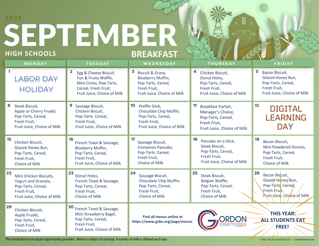High school breakfast menus for September