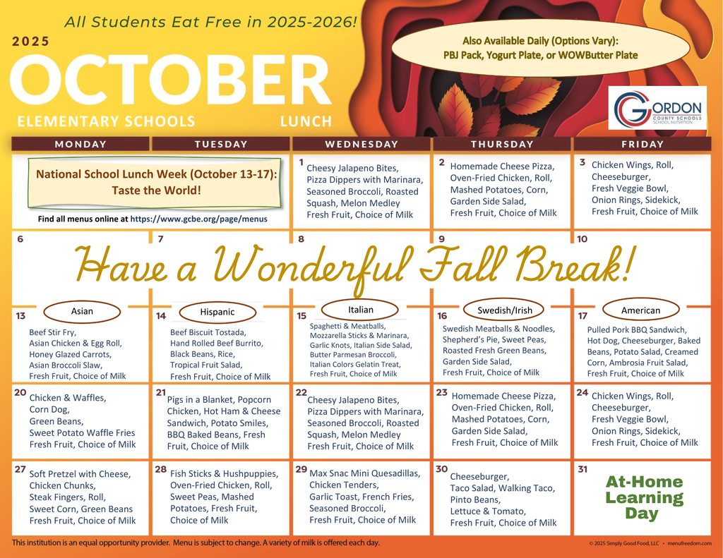 October 2025 lunch menus for elementary schools