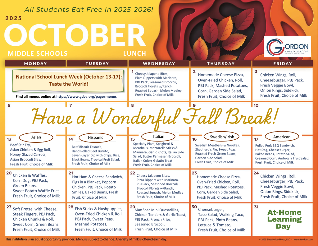 October 2025 lunch menus for middle schools