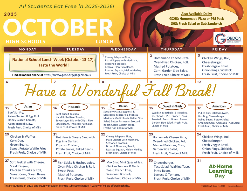 October 2025 lunch menus for high schools