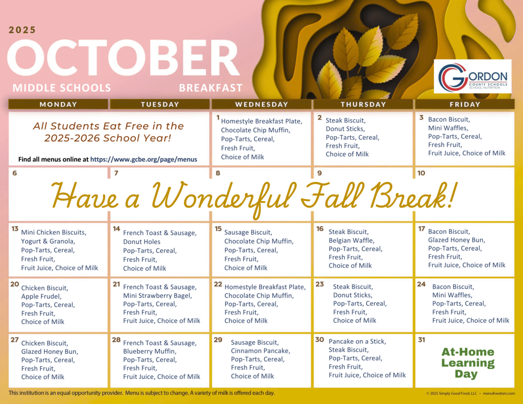 October 2025 breakfast menus for middle schools