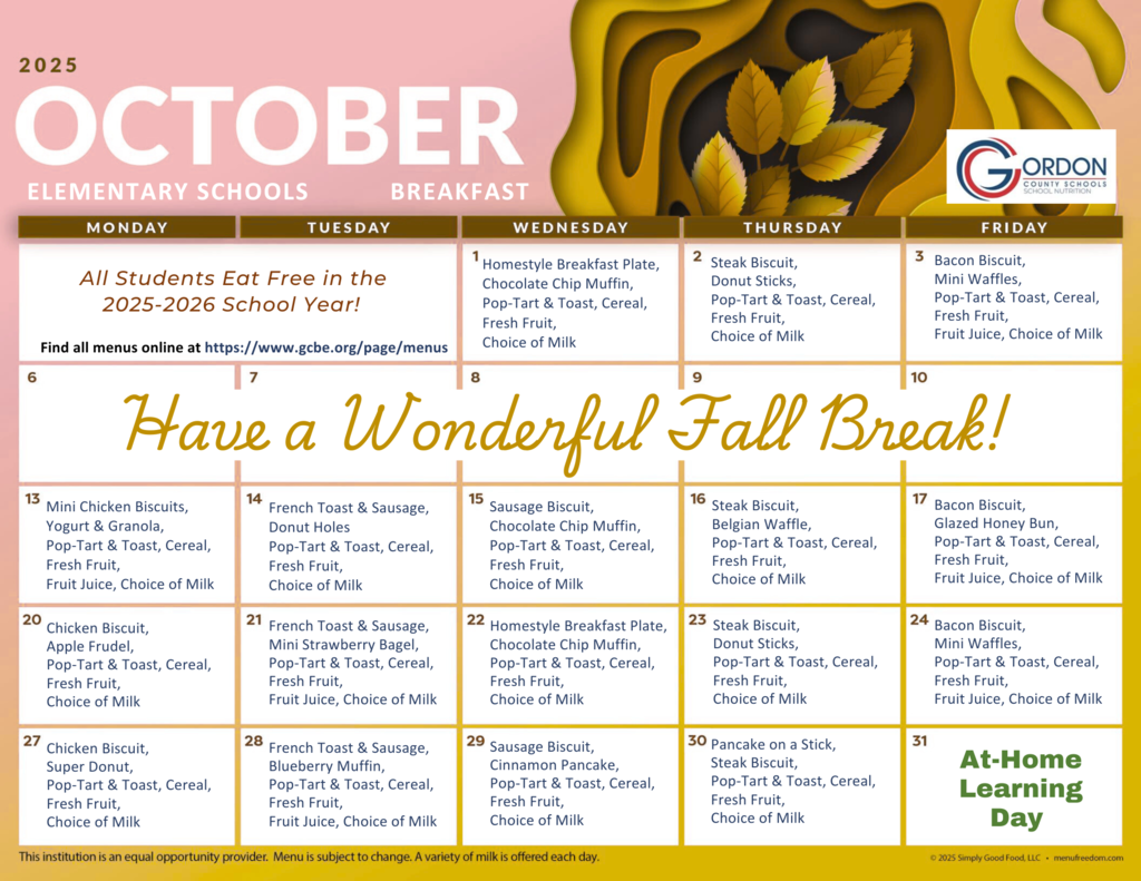 October 2025 breakfast menus for elementary schools