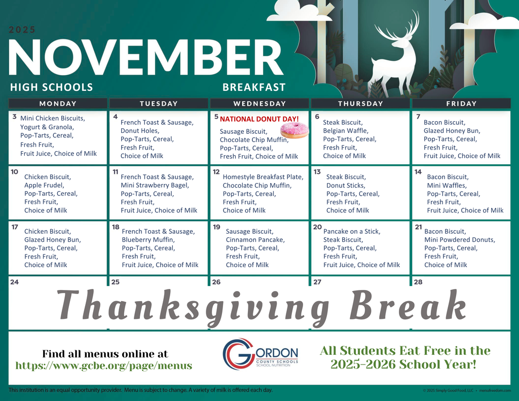 November 2025 breakfast menus for high schools