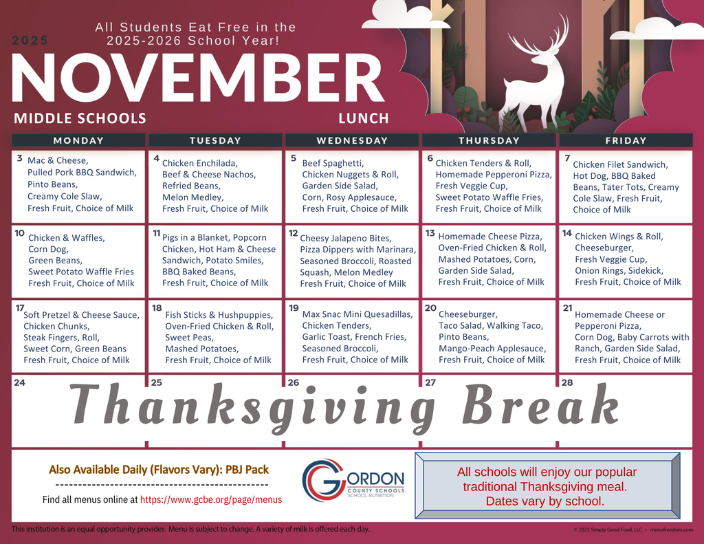 November 2025 lunch menus for middle schools