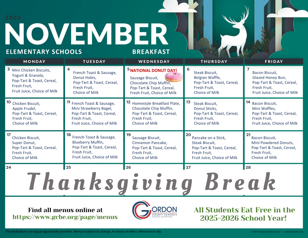 November 2025 breakfast menus for elementary schools