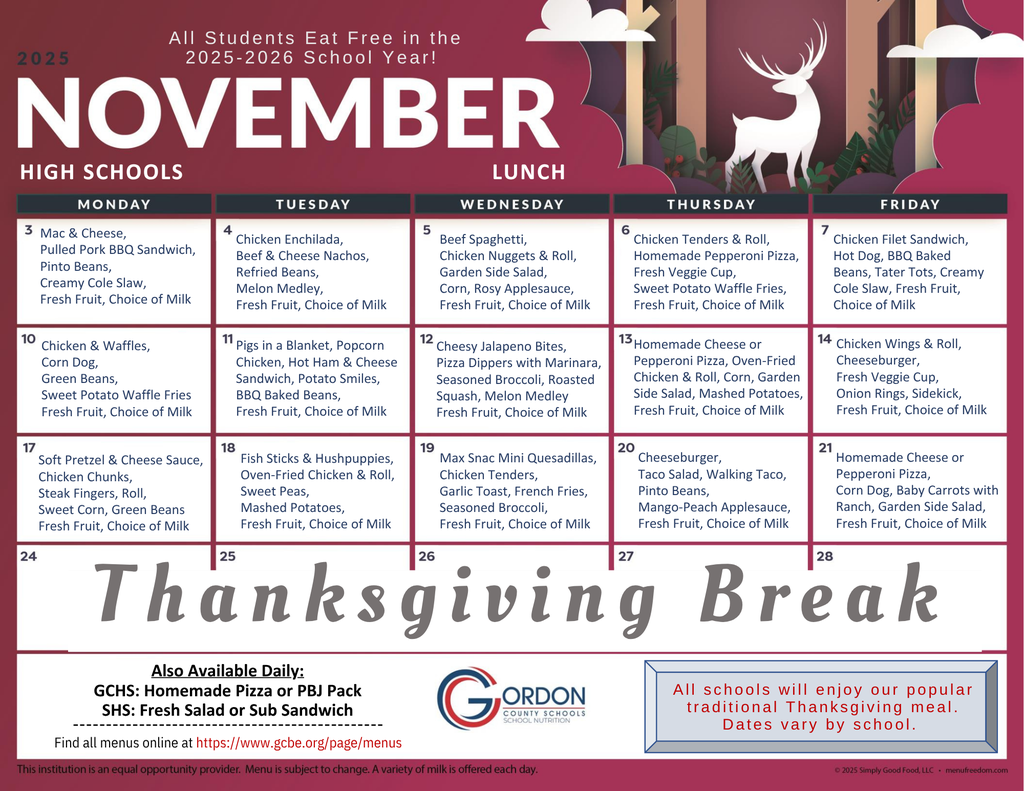 November 2025 lunch menus for high schools