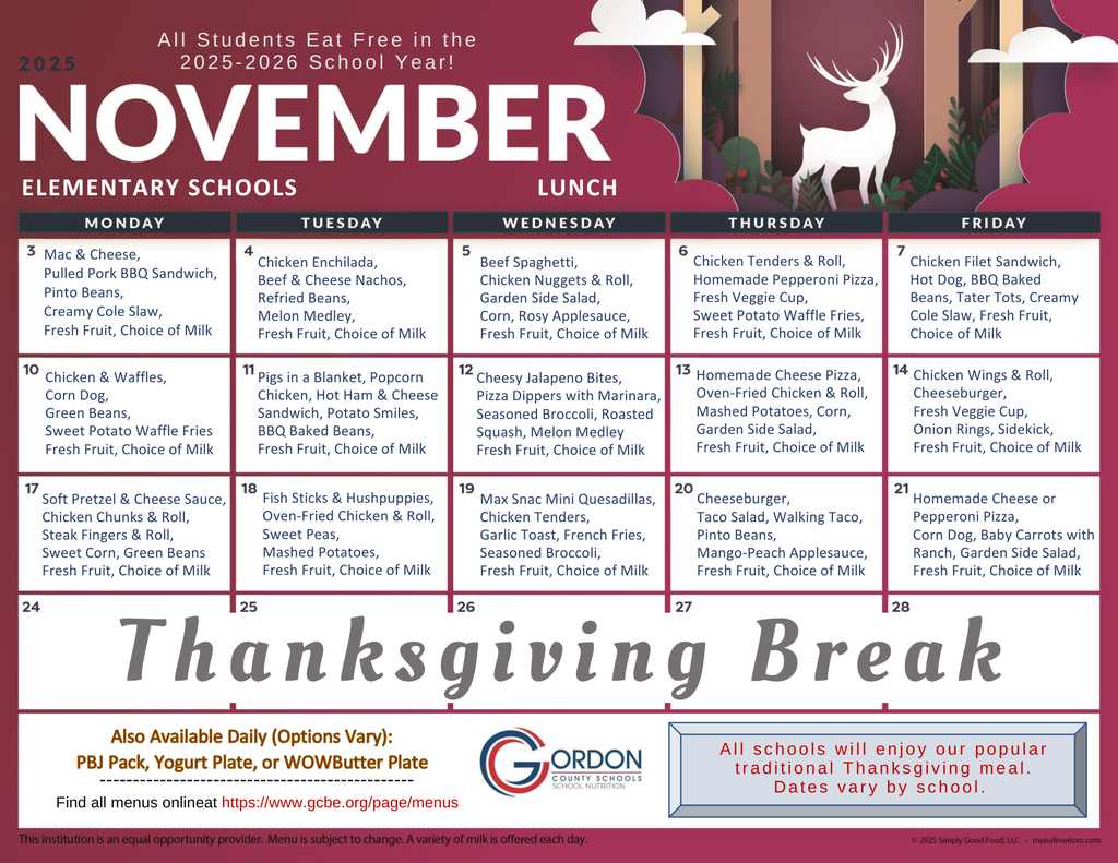 November 2025 lunch menus for elementary schools