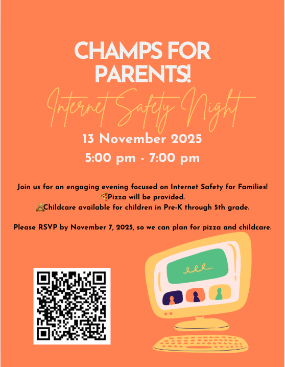 CHAMPS for Parents: Internet Safety Night 📍 Tolbert Elementary School 🗓 Thursday, November 13, 2025 🕔 5:00 PM – 7:00 PM Join us for an engaging evening focused on Internet Safety for Families! 🍕Pizza will be provided. 🧸Childcare available for children in Pre-K through 5th grade. Please RSVP by November 7, 2025, so we can plan for pizza and childcare. Have a question about Internet Safety? Submit any questions you’d like our panel to discuss during the event! https://forms.office.com/Pages/ResponsePage.aspx?id=WsAN2ysHz0KrRIXzSqdrc3sWnqRR1YtBoJq7L9Bd-ZNUOU5FOUdaMTdXQVRZWUxEOTYySkJEUklSVS4u