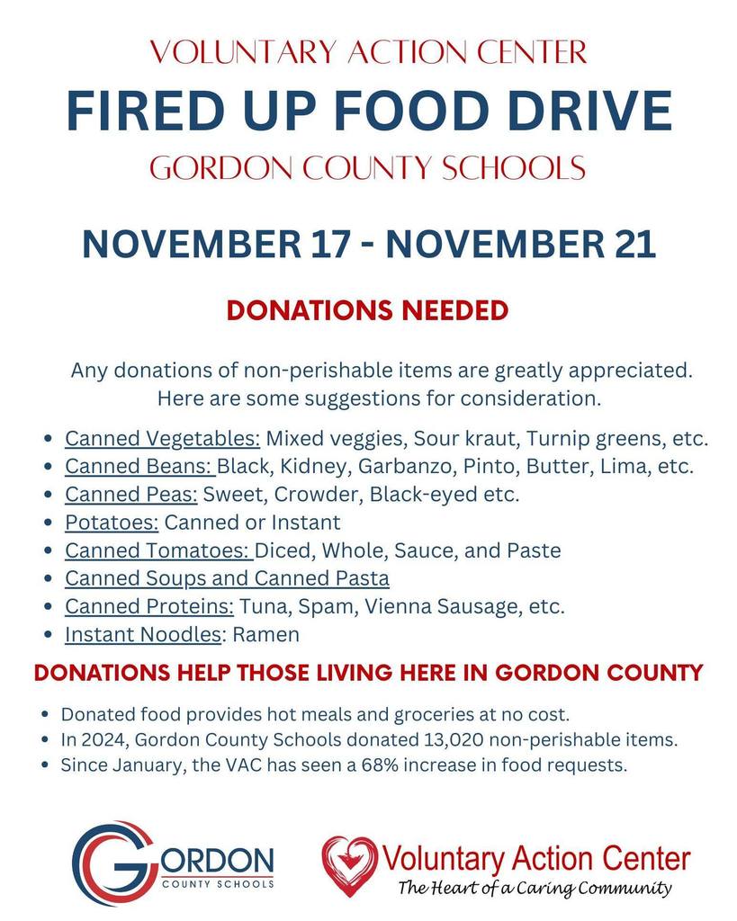 🔥 Fired Up Food Drive! 🔥 November 17- November 21 We’re turning up the heat to help our community! Let’s fill those boxes and make a BIG difference together. Bring in any of these items to show our community spirit: 🥫 Canned Vegetables – Mixed veggies, sauerkraut, turnip greens, etc. 🫘 Canned Beans – Black, kidney, garbanzo, pinto, butter, lima, and more! 🌿 Canned Peas – Sweet, crowder, black-eyed, etc. 🥔 Potatoes – Canned or instant! 🍅 Canned Tomatoes – Diced, whole, sauce, or paste. 🍲 Soups & Canned Pasta 🐟 Canned Proteins – Tuna, Spam, Vienna sausage, etc. 🍜 Instant Noodles – Ramen If you’re cleaning out your pantry or cabinets, please check expiration dates on the items. Thank you! Let’s see which class can bring the most!