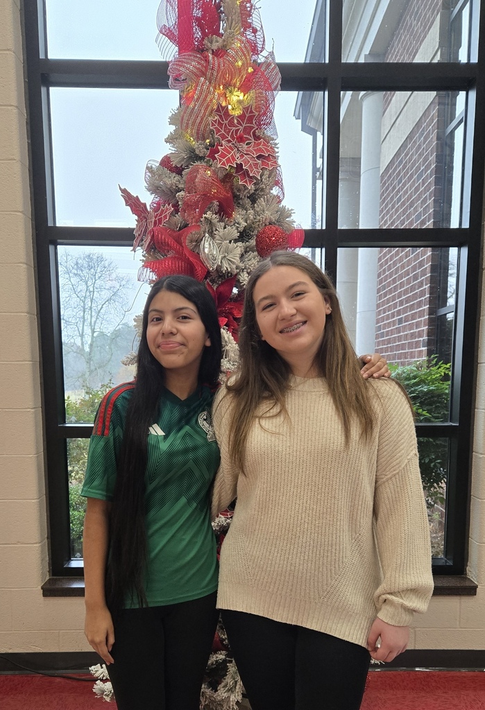 Two girls standing in front of a Christmas tree.