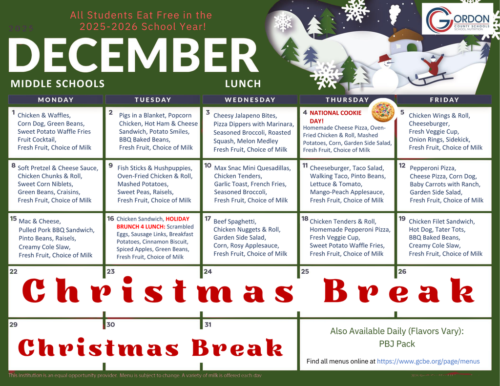 Dec 2025 Middle school lunch menus