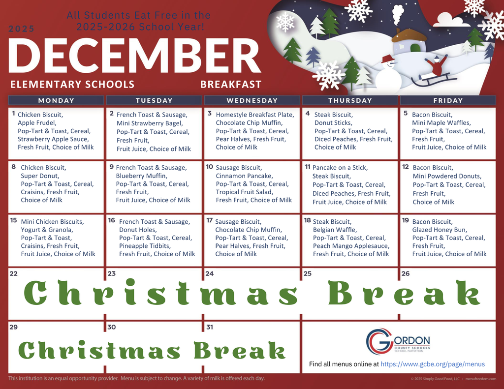 Dec 2025 Elementary school breakfast menus