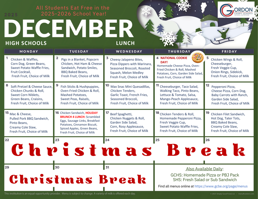 Dec 2025 high school lunch menus