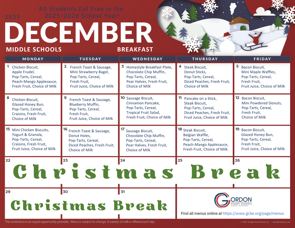 Dec 2025 Middle school breakfast menus
