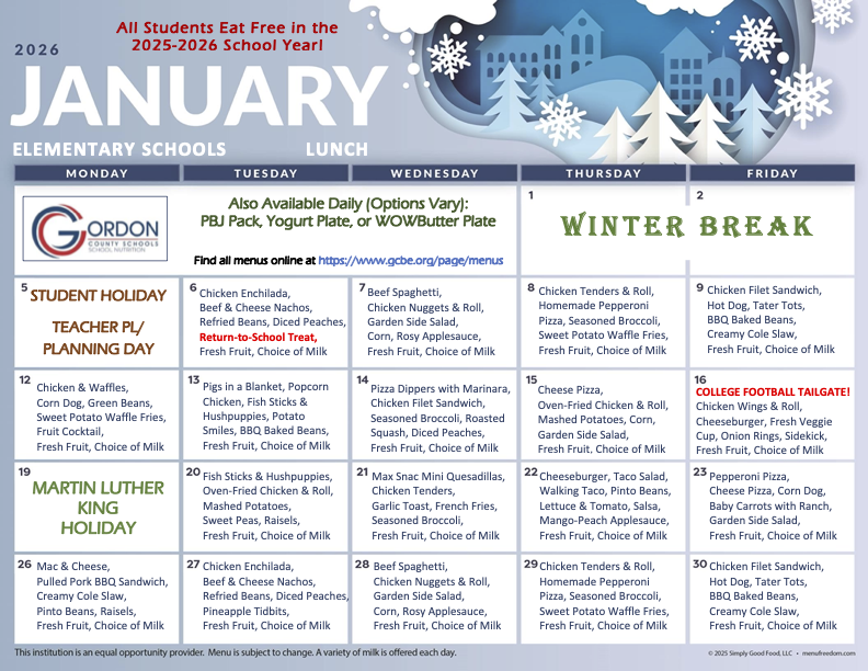 Jan 2026 elementary school lunch menus