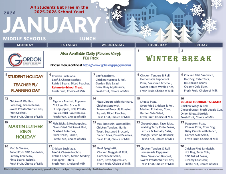 Jan 2026 middle school lunch menus
