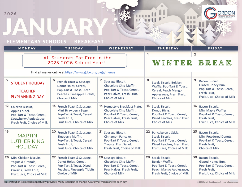 Jan 2026 elementary school breakfast menus