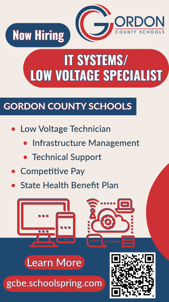 Apply for the IT Systems/Low Voltage Specialist at Gordon County Schools by visiting gcbe.schoolspring.com