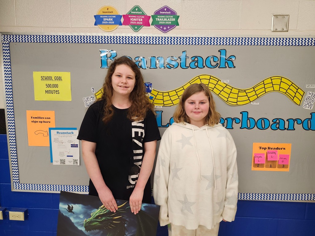 Congratulations to our December Beanstack Challenge winners!  The winners of our December challenge are Annaleigh Spires and Oakley Ball. The winners of the Read Over the Break challenge are Elias Rodriguez Monroy, Brodee Shaffer, Carter Long, Abigail Stansell, Karter Miller, Gabriel Burns, Andrea Avila Dominguez, Oliver Edwards, Ryleigh Rossberg, Maddie Owen, Autumn Ankney, and Brittlynn Ray.  As a school we have read over 160,000 minutes! Keep up the great work to help us reach our goal of 500,000 minutes this school year!