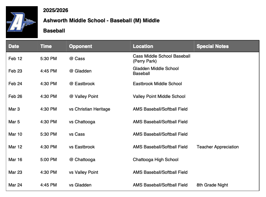 baseball schedule