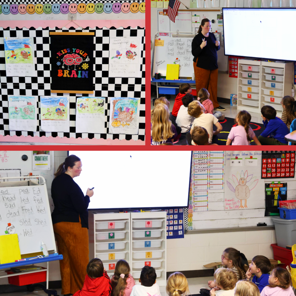 Teacher working with students on writing revisions.