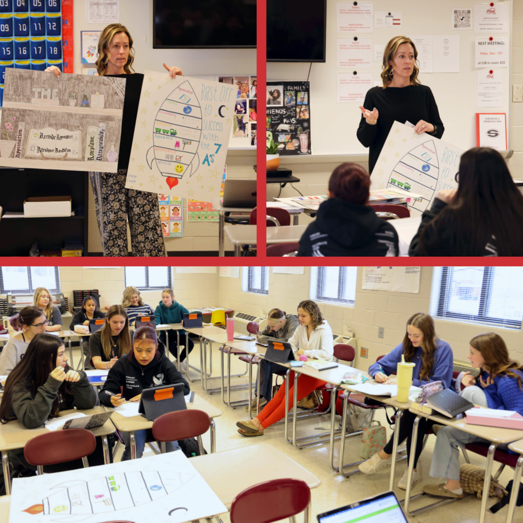 Teacher providing visuals for students to work on a project.