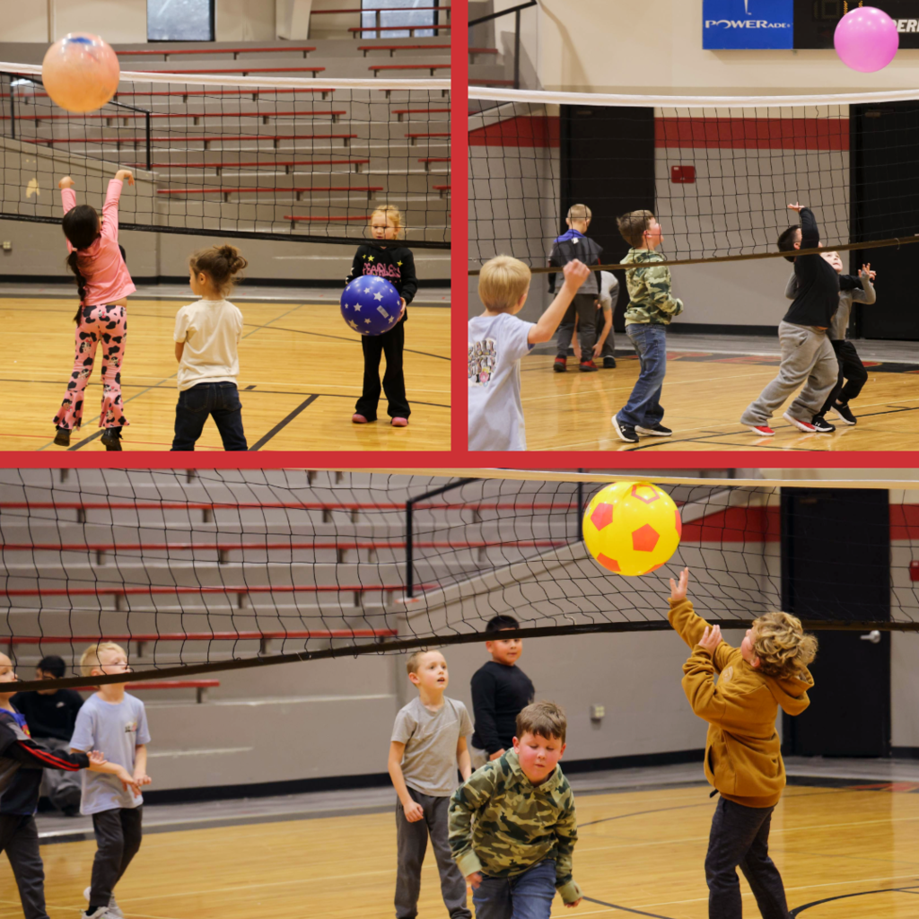 Students playing volleyball in P.E. class.