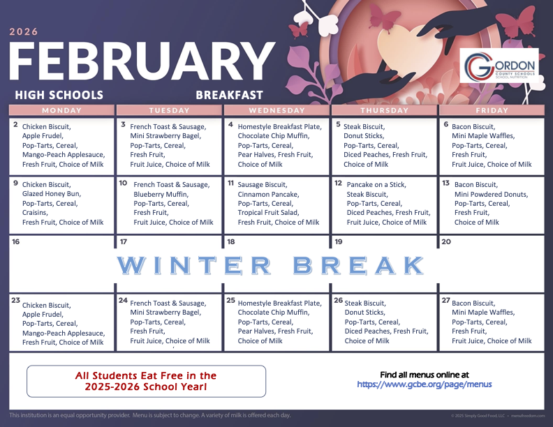 Feb 2026 breakfast menus for high schools