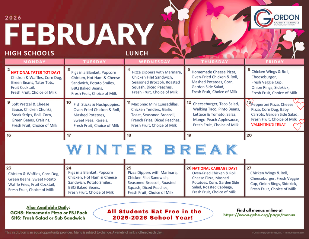 Feb 2026 lunch menus for high schools