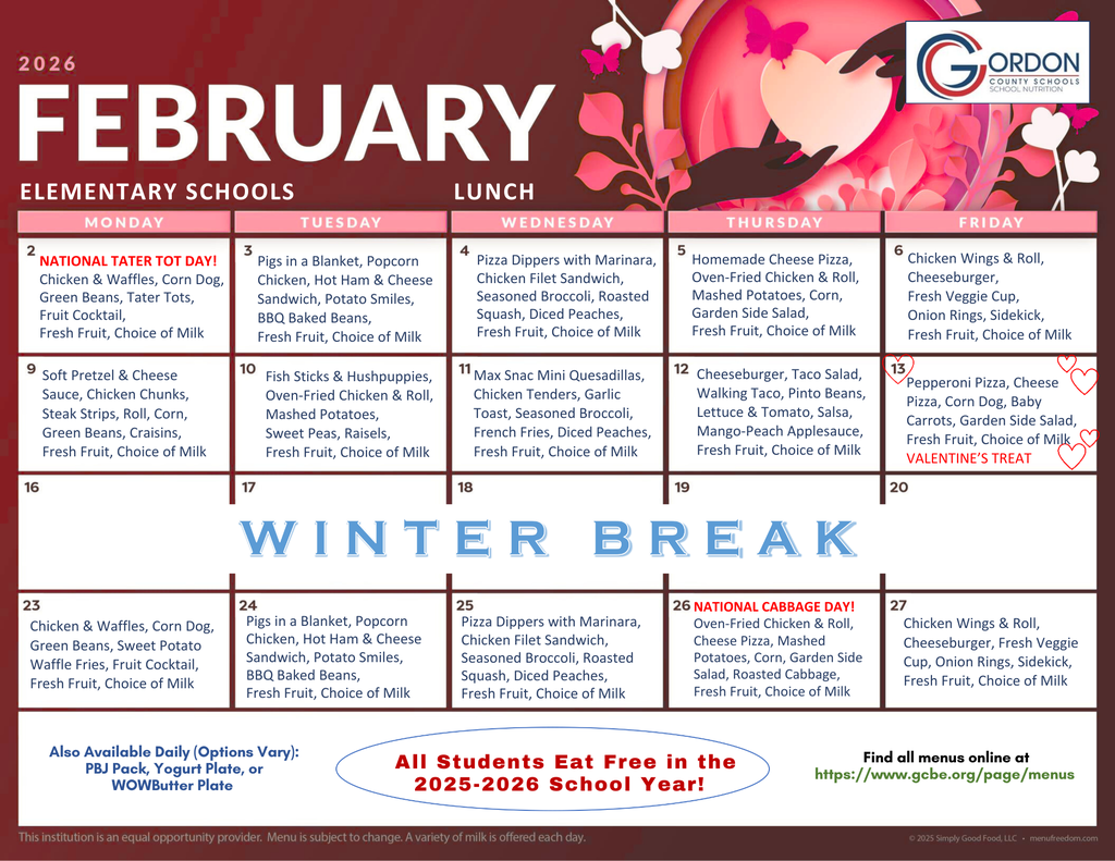 Feb 2026 lunch menus for elementary schools