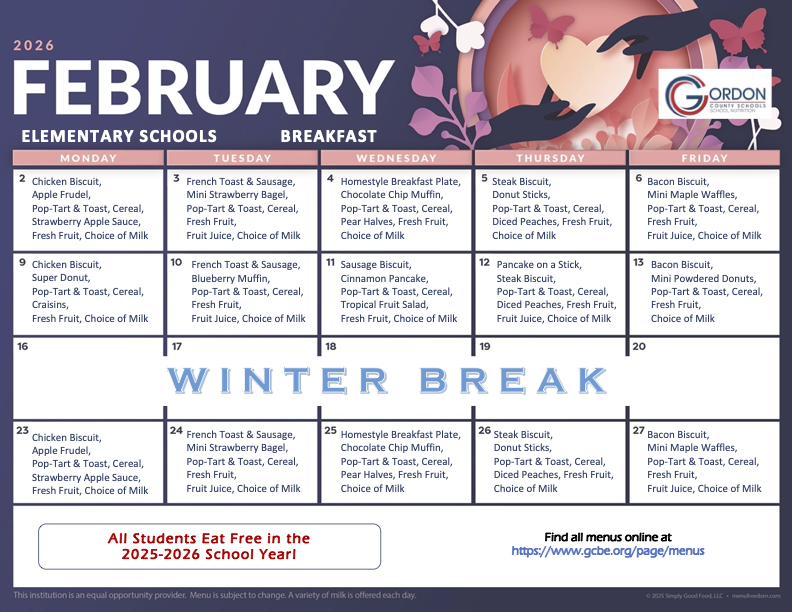 Feb 2026 breakfast menus for elementary schools
