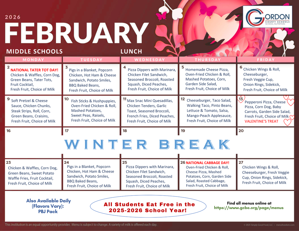 Feb 2026 lunch menus for middle schools