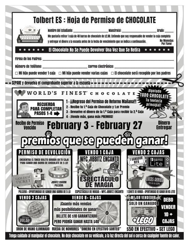 Chocolate for our World’s Finest Chocolate fundraiser will be sent home with students on Friday, January 30, 2026.  Each participating student will receive a box of chocolate bars to sell for $2 each, with fun prizes and incentives available for students who sell boxes during the fundraiser period.  Please be sure to read, sign, and return the permission slip as soon as possible, as chocolate cannot be sent home without it.  Thank you for your continued support and for helping make this fundraiser a success! 🍫