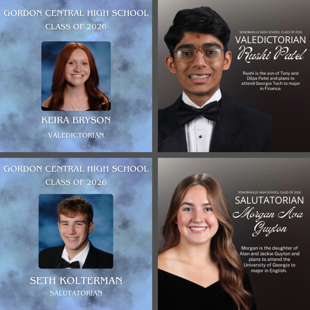 Valedictorians Keira Bryson and Rushi Patel, and Salutatorians Seth Kolterman and Morgan Guyton
