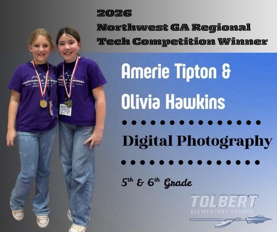 Congratulations to Our Regional Tech Winners!  We are proud to announce our 2026 Northwest Georgia Regional Technology Competition winners who are advancing to the State Level Competition!  Rebekah Sanchez – 3rd–4th Grade Graphic Design  Amerie Tipton & Olivia Hawkins – 5th–6th Grade Digital Photography  These students showcased incredible creativity, technical skill, and innovation. We can’t wait to see them represent Northwest Georgia at the state competition—way to go!