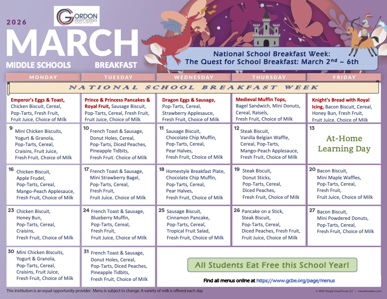 March 2026 breakfast menus for middle schools
