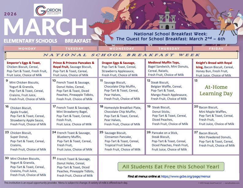 March 2026 breakfast menus for elementary schools