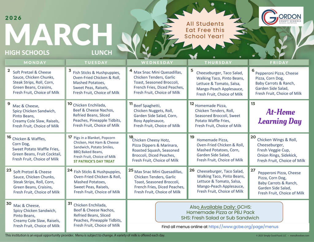 March 2026 lunch menus for high schools