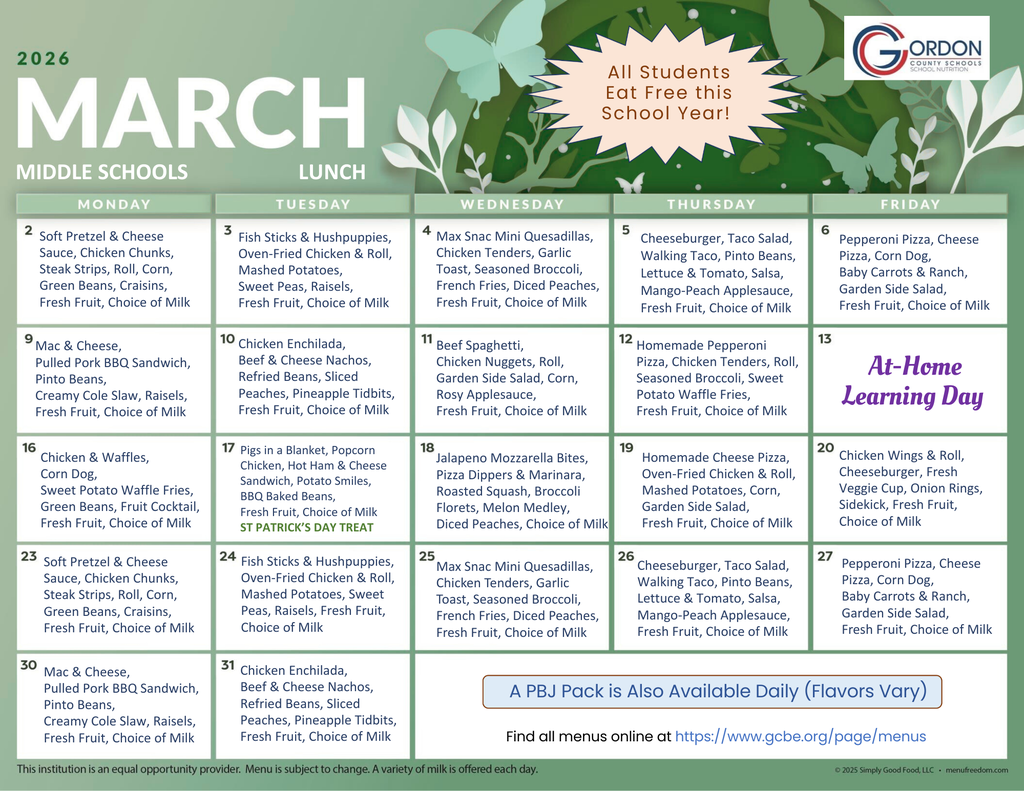 March 2026 lunch menus for middle schools