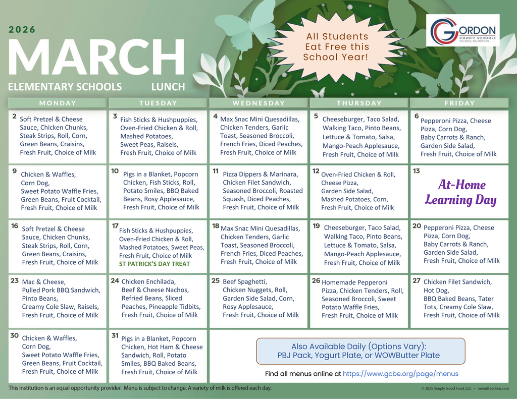 March 2026 lunch menus for elementary schools