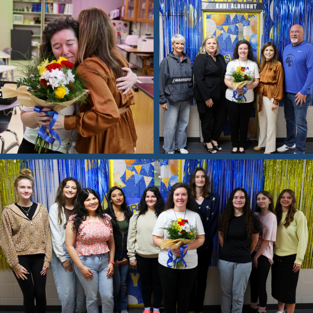 Kodi Albright, District Teacher of the Year Finalist, being recognized with her students and administrators