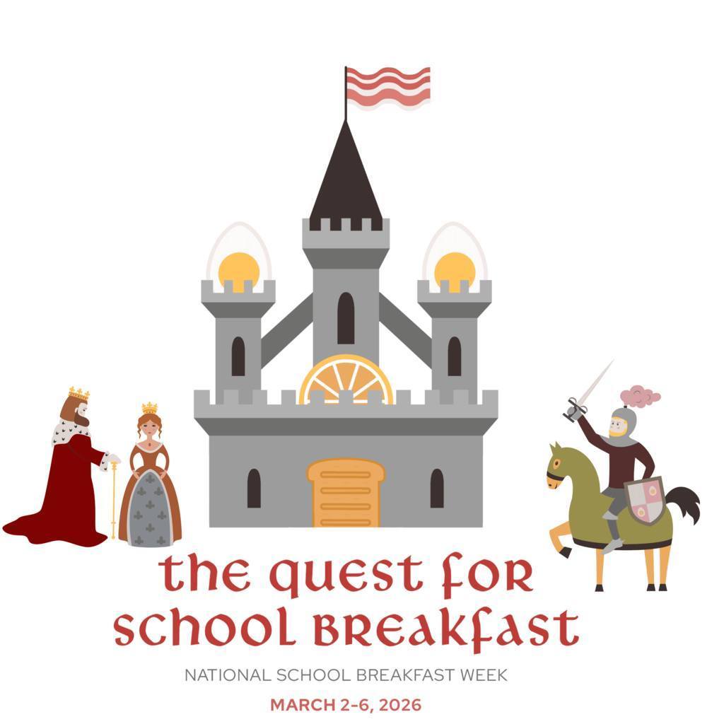 National School Breakfast week logo including "The Quest for School Breakfast" slogan with a castle, king, queen and knight.