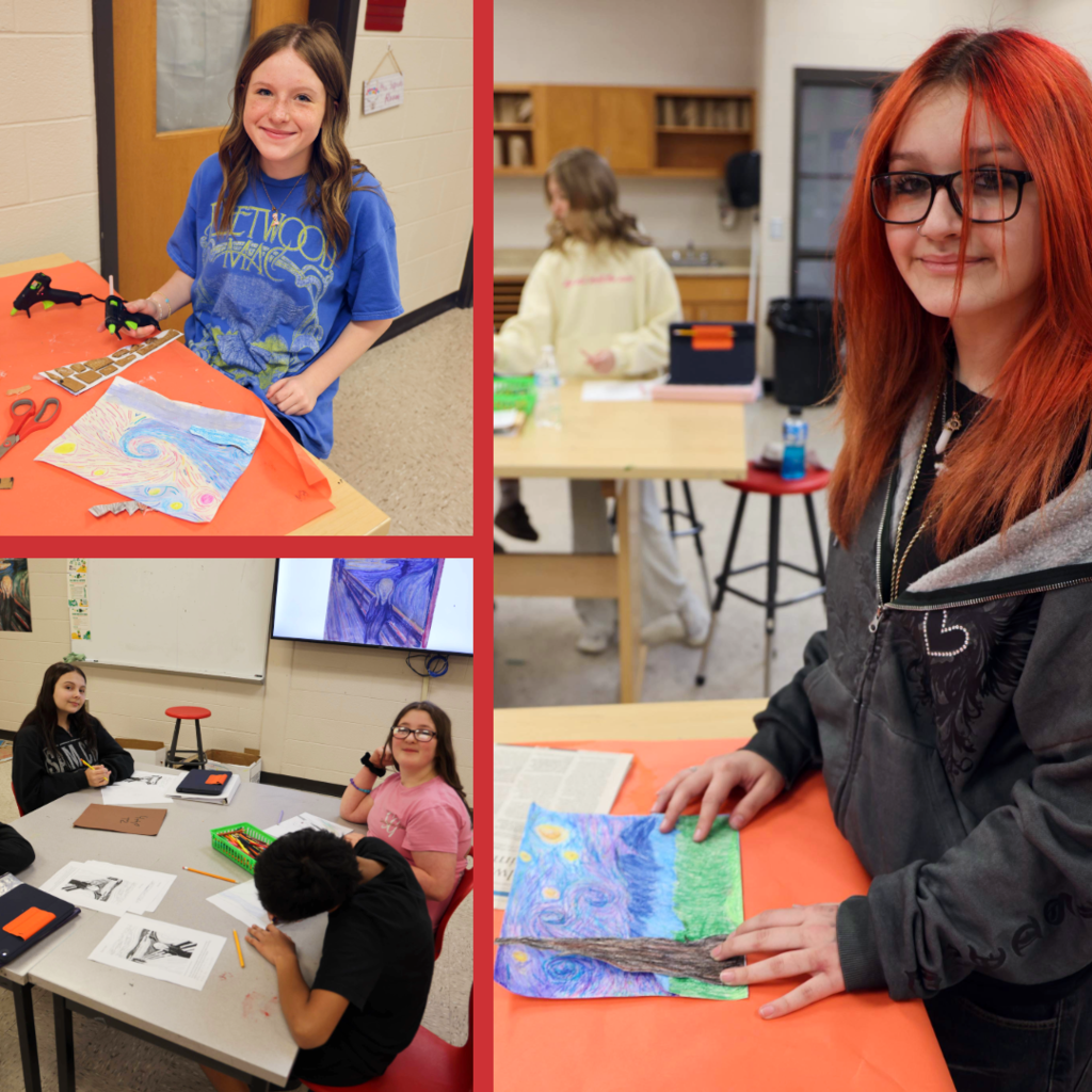Students work on art projects in a classroom. One student smiles while holding a hot glue gun beside her colorful artwork. Another student displays a finished landscape-style drawing. Additional students sit at a table sketching and writing.