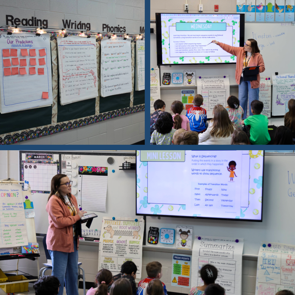 An elementary teacher leads a reading lesson on sequencing while students sit on the floor and follow along with a presentation displayed on an interactive board.
