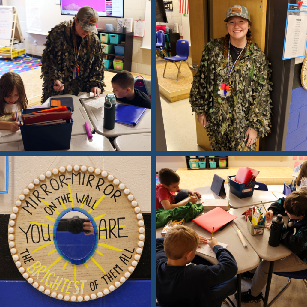 An elementary teacher dressed in camouflage works with students at their desks while others complete assignments during classroom activities.